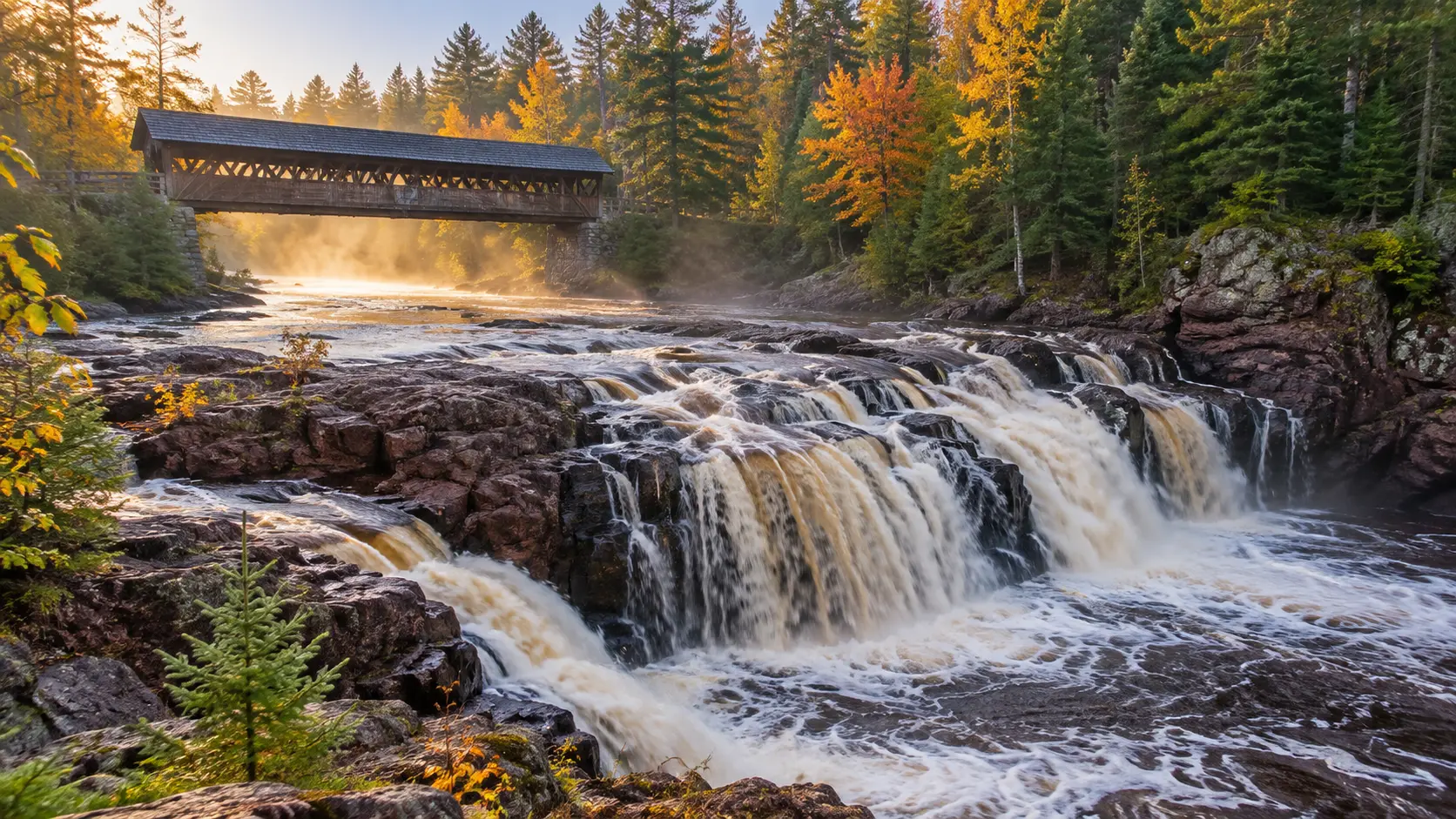 Upper Falls cascading beside the covered footbridge at Amnicon Falls State Park in autumn.
