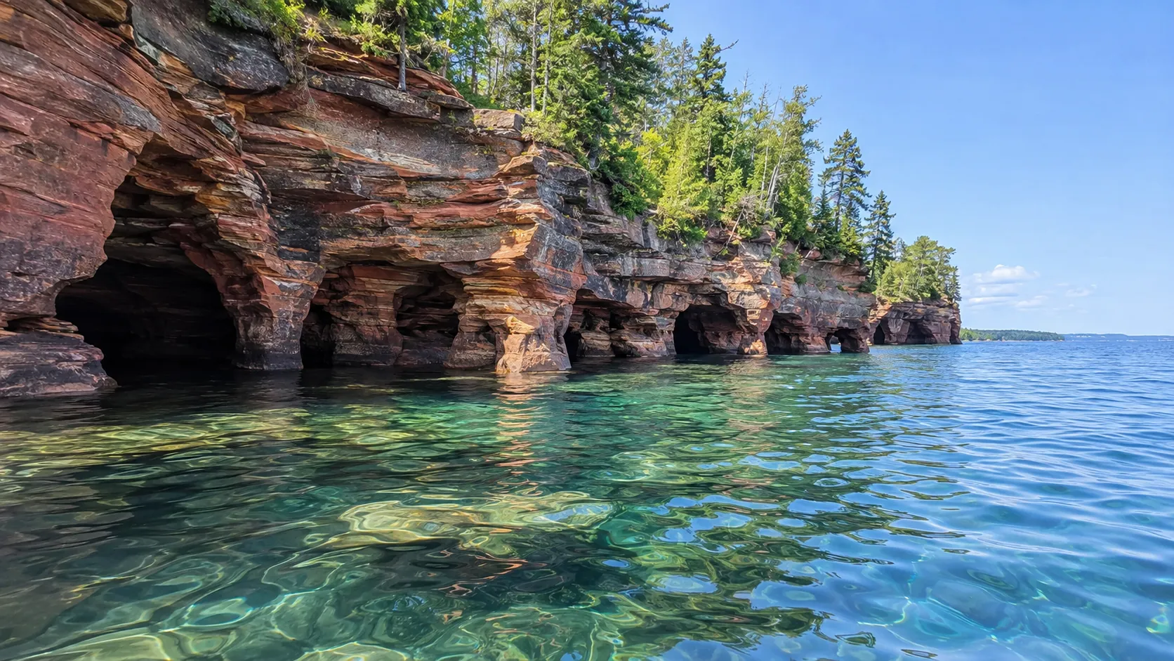 Red sandstone sea caves at Apostle Islands National Lakeshore.