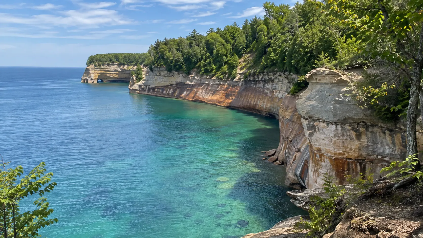 Colorful sandstone cliffs at Pictured Rocks National Lakeshore.