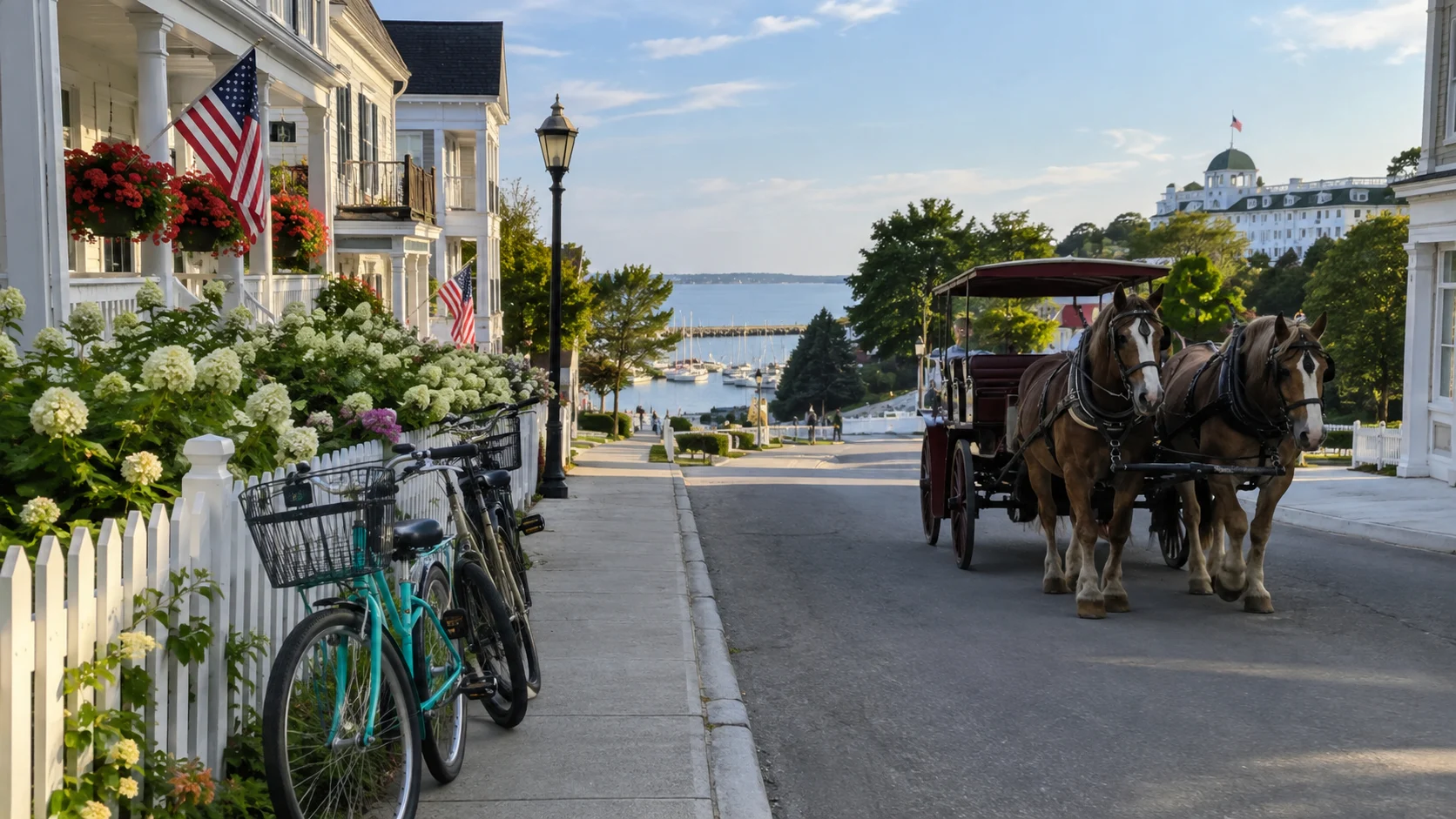 Bicycles and a horse-drawn carriage on car-free Mackinac Island.
