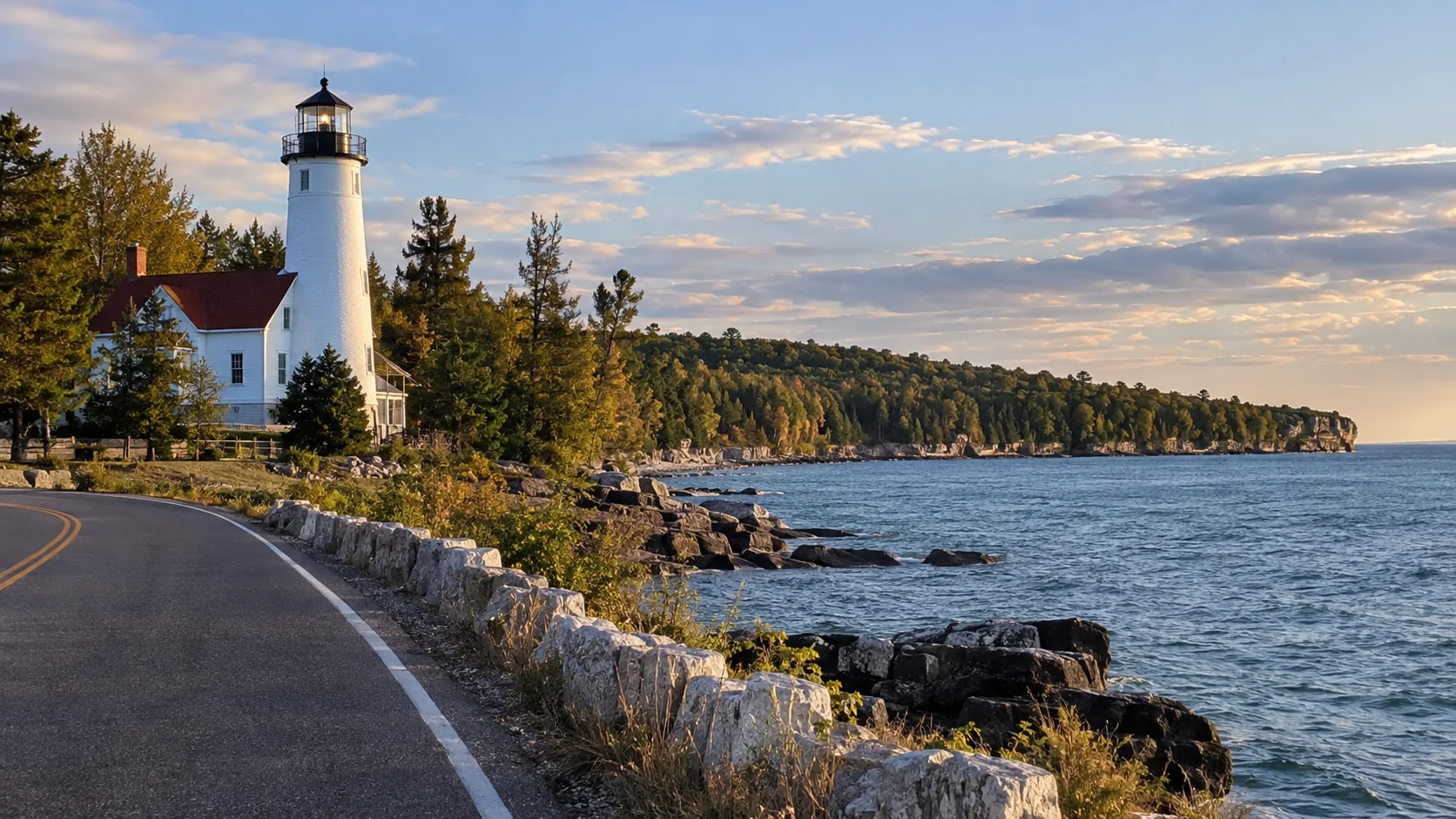 Lighthouse and shoreline road on the way to Door County.