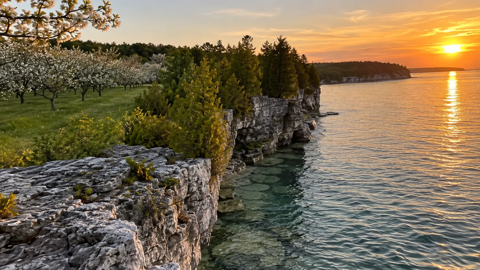 Limestone shore and countryside in Door County, Wisconsin.