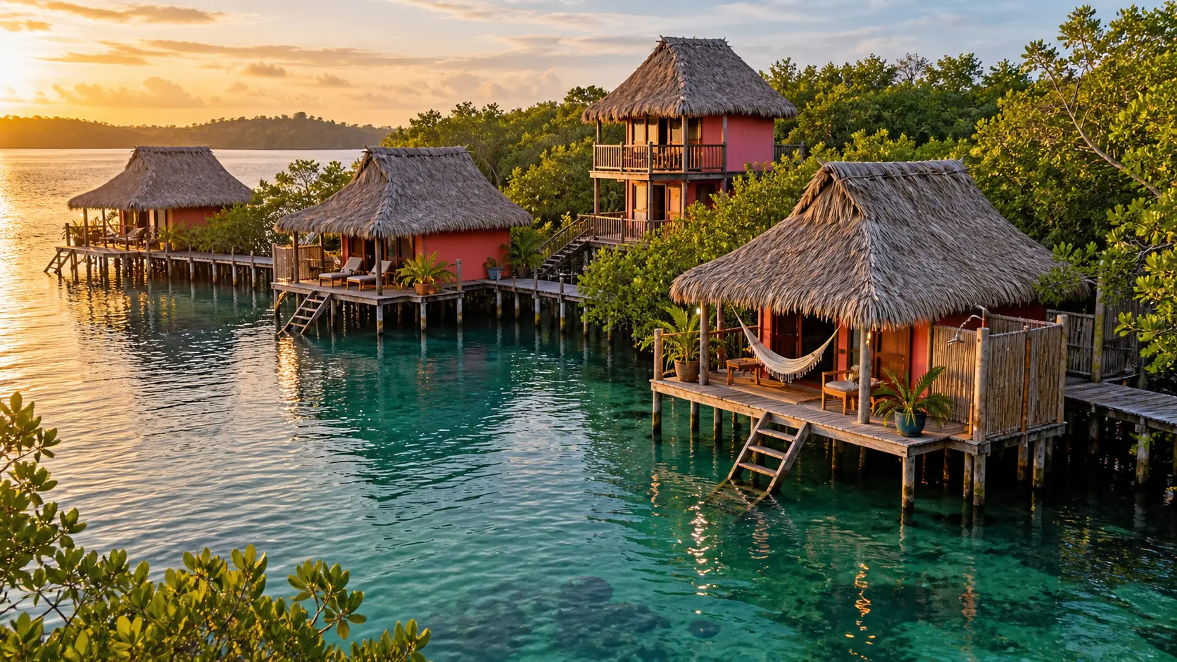 Raspberry-red thatched overwater bungalows among the mangroves at Urraca Private Island in Panama.