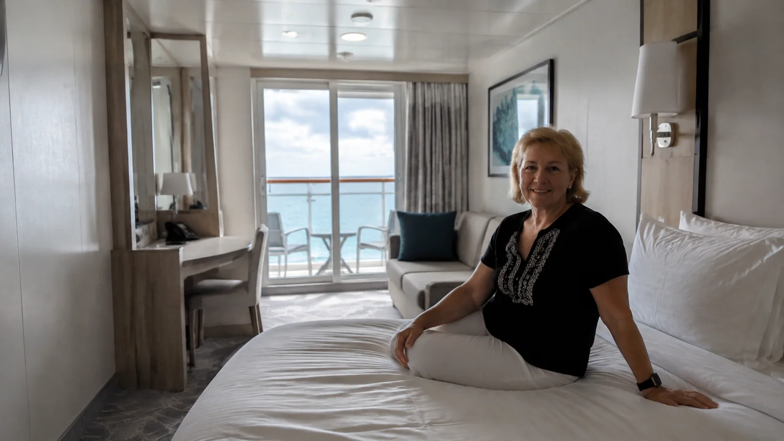 Woman sits on a bed in a bright balcony stateroom.