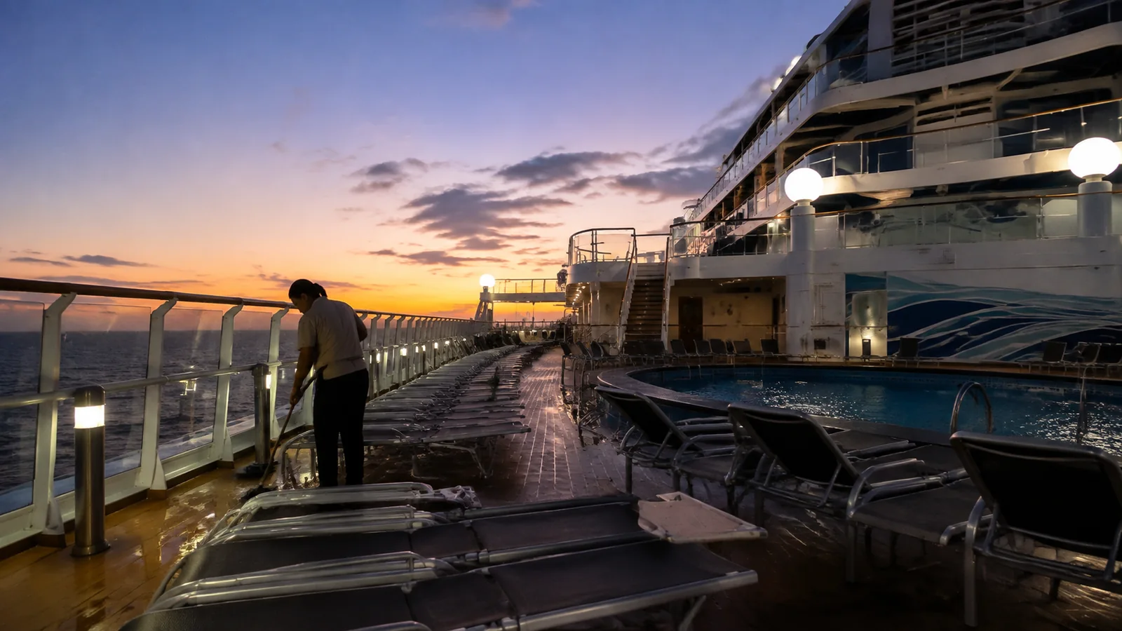 Crew member works beside a wet pool deck at sunset.