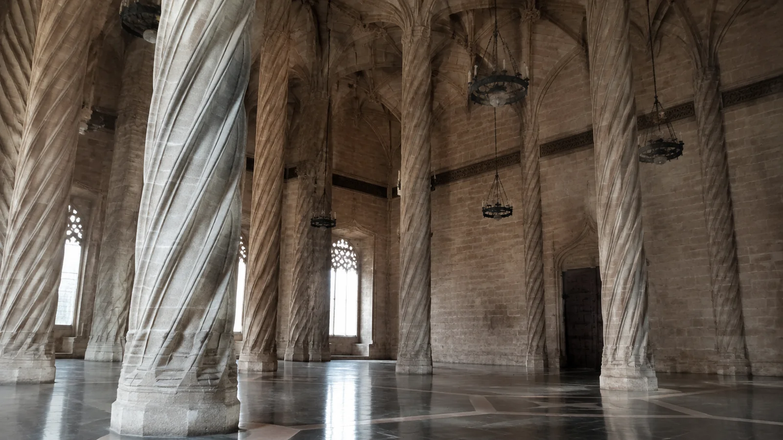 Tall spiraling stone columns support a vaulted historic interior.