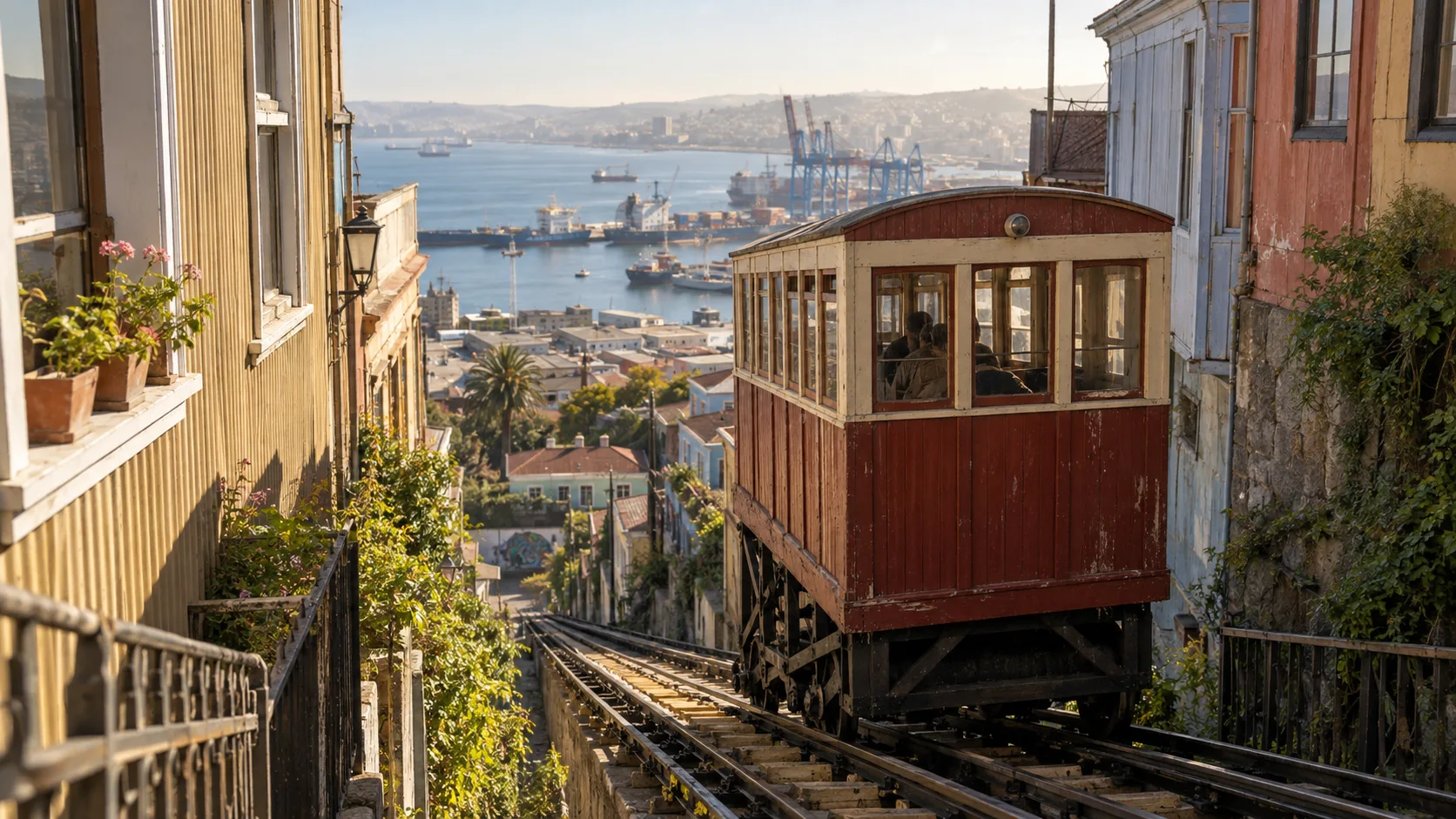 Historic Ascensor El Peral funicular climbing a steep Valparaíso hillside.
