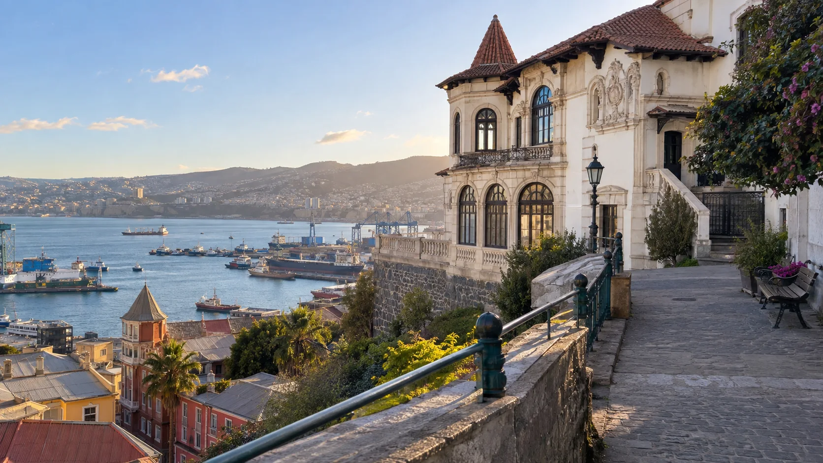 Paseo Yugoslavo and Palacio Baburizza overlooking Valparaíso Bay.