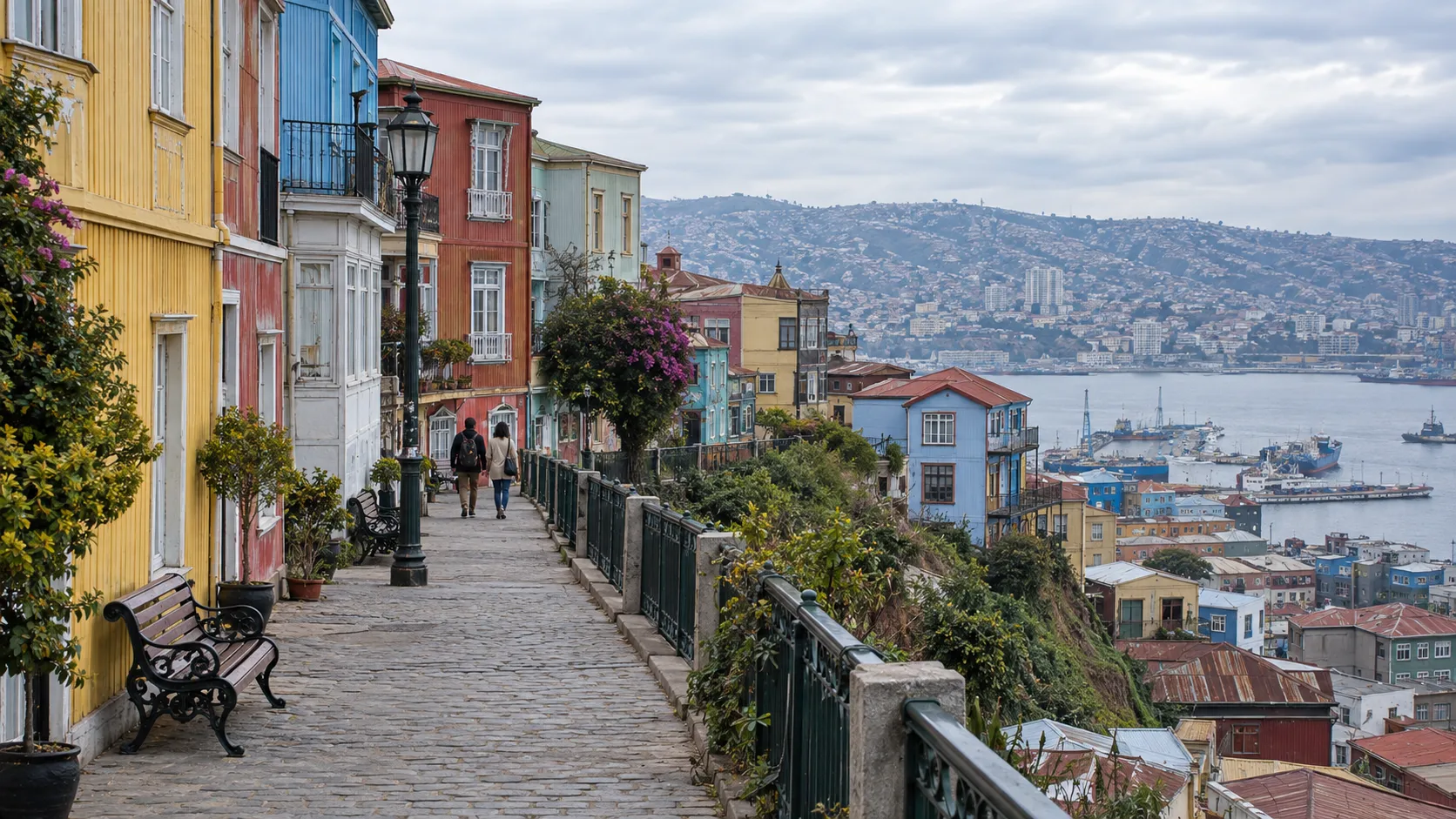 Colorful historic homes and a bay view from Valparaíso's hilltop promenades.