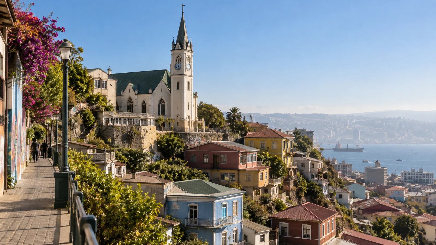Lutheran Church of the Holy Cross rising among colorful Cerro Concepción houses.