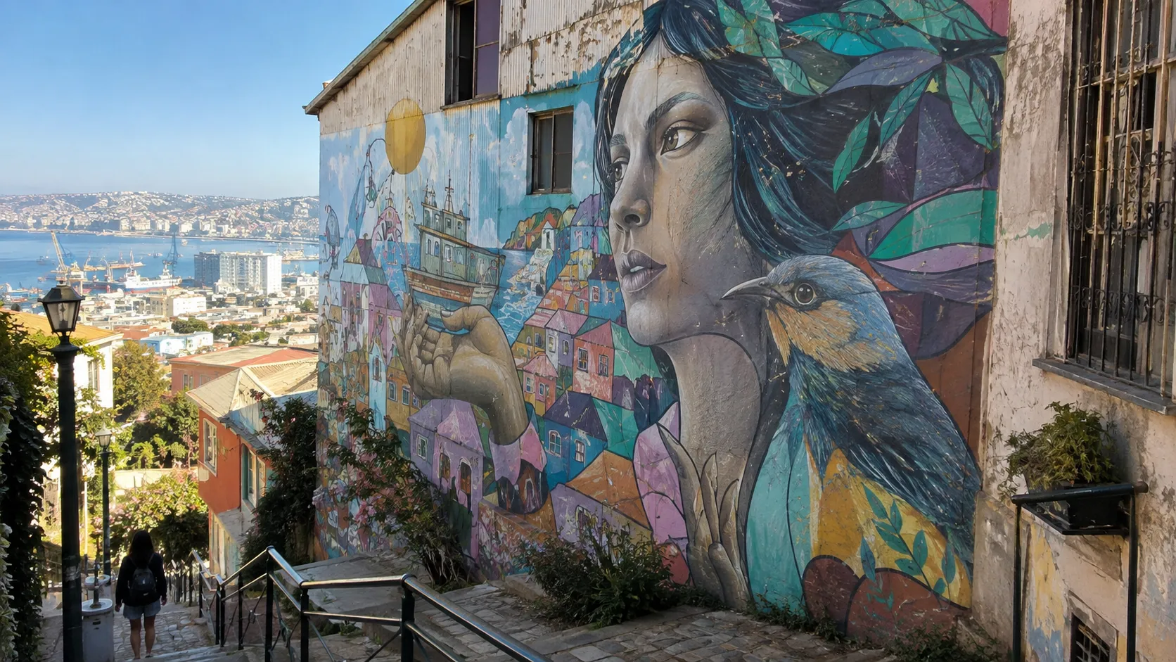 Large outdoor mural at Museo a Cielo Abierto on Cerro Bellavista.