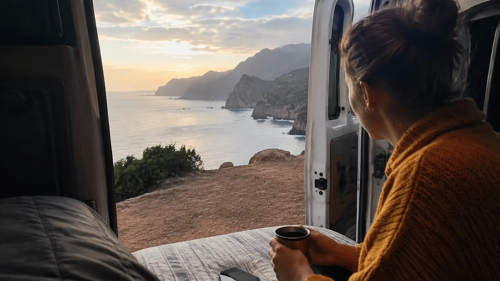 Woman holding a mug inside a van and looking out the open rear doors at coastal cliffs and the sea