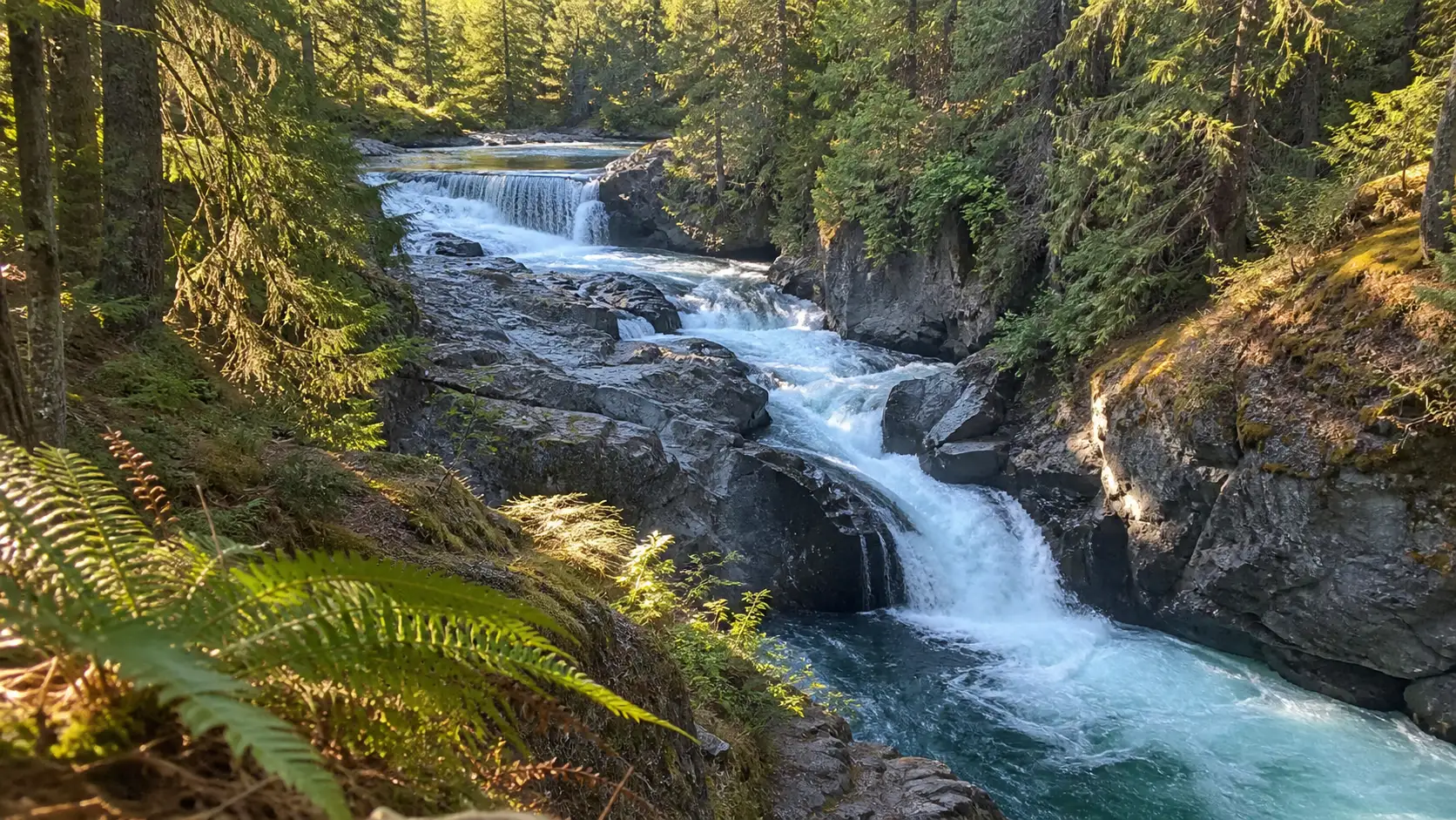 Little Qualicum Falls cascading through a forest gorge on Vancouver Island