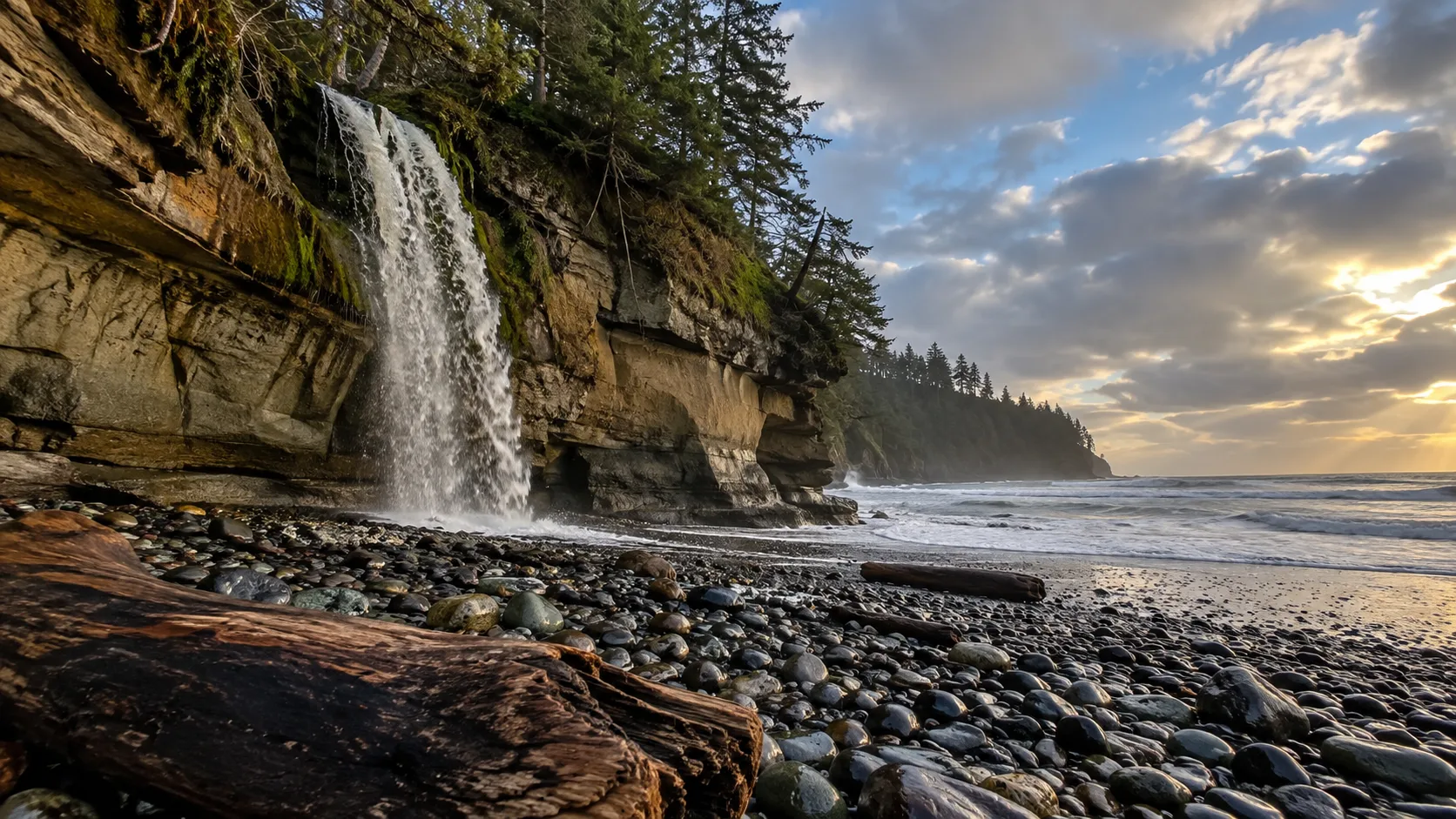 Sandcut Beach waterfall spilling from a forested bluff onto Vancouver Island's pebble shore