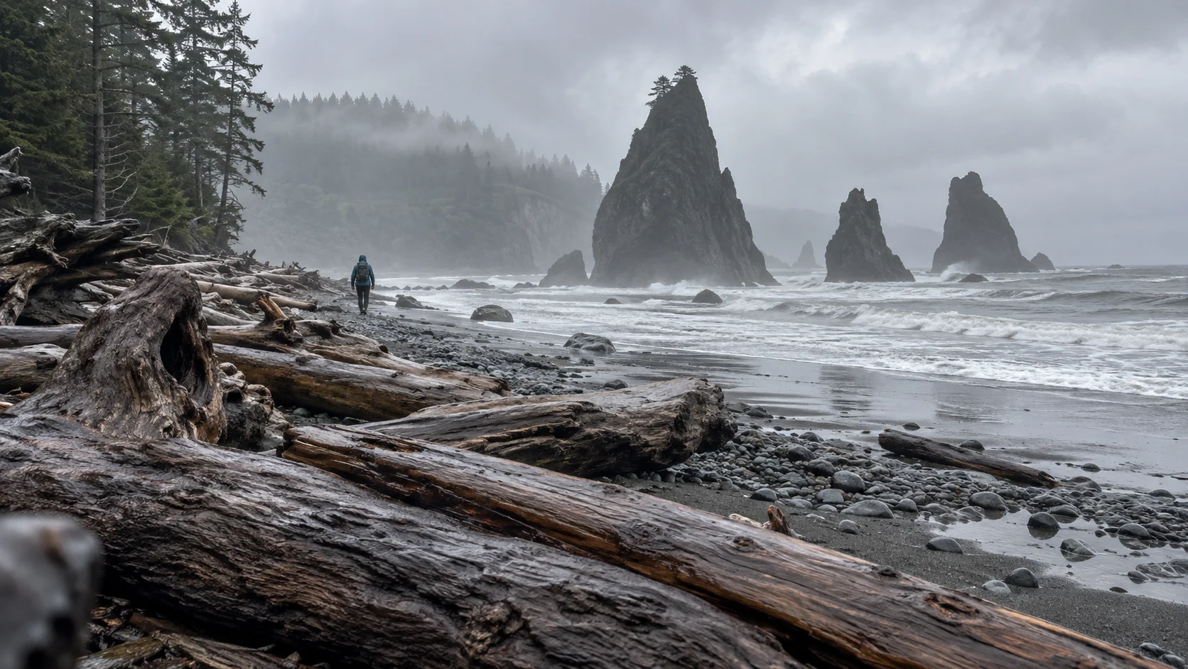 Lone hiker among driftwood and sea stacks on a misty Olympic Peninsula beach.