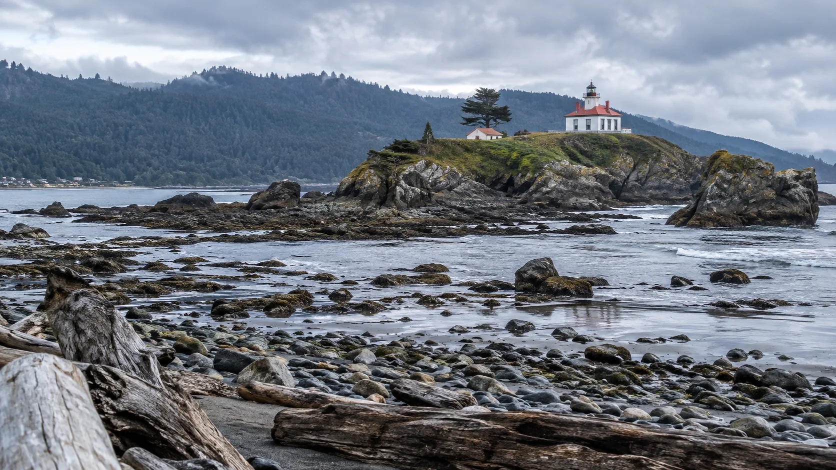 Battery Point Lighthouse on its rocky island at low tide near Crescent City, California.