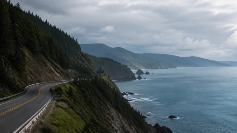 Winding coastal highway runs beneath forested cliffs above a gray sea.