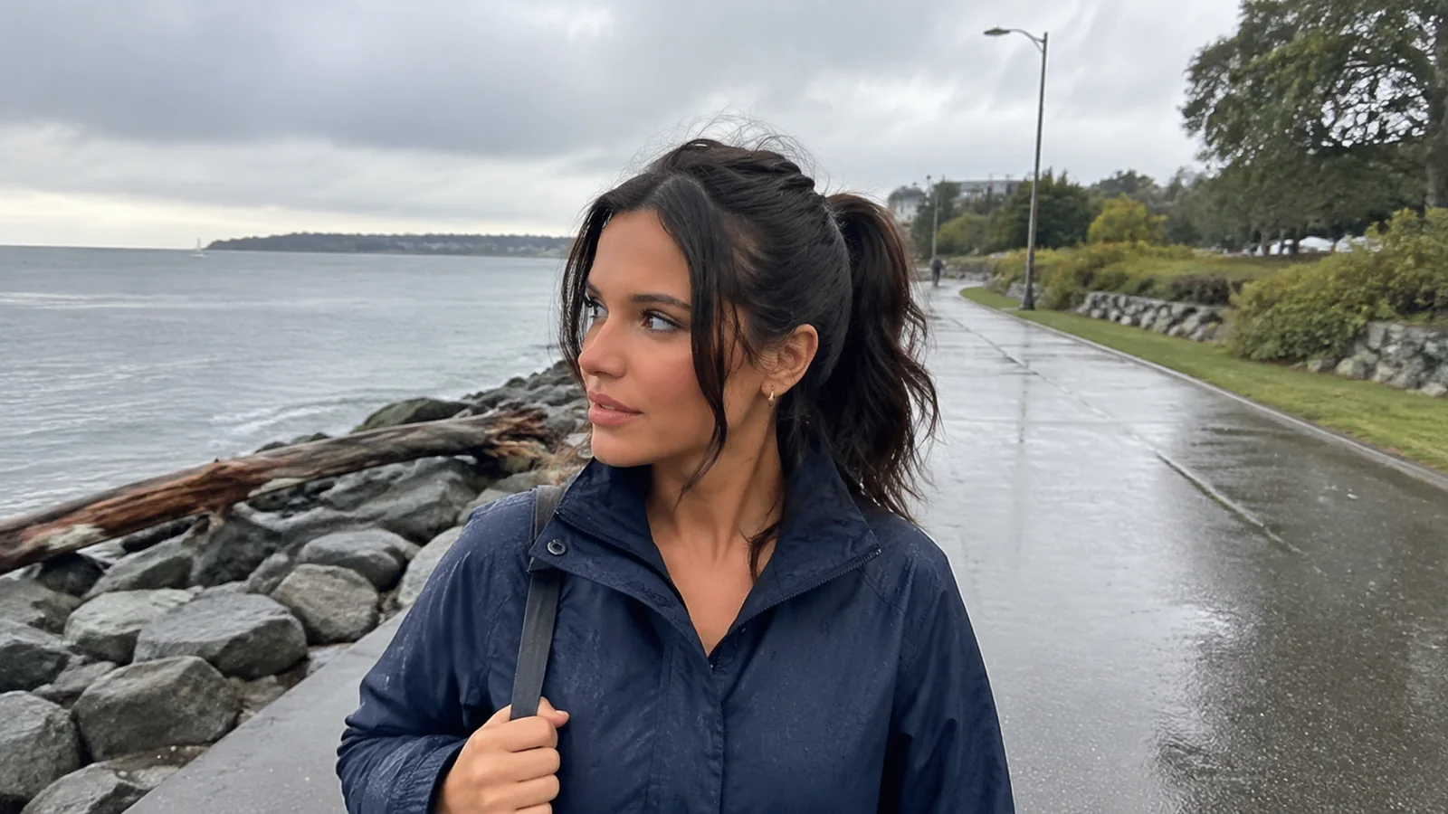 Woman in a rain jacket on a wet coastal path.