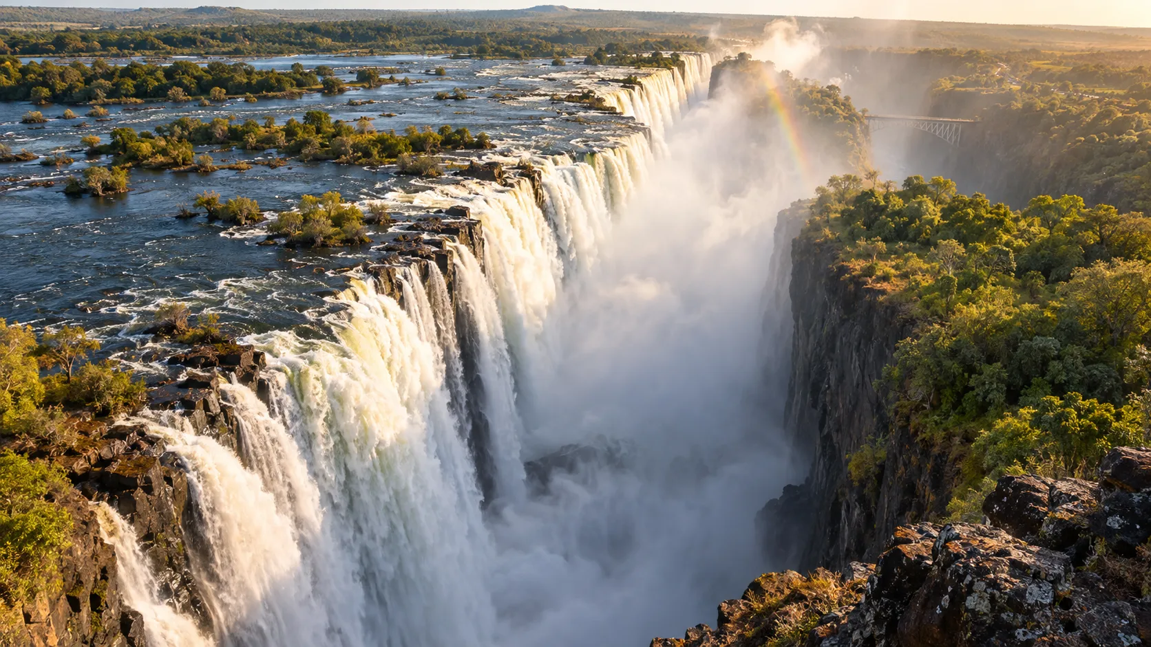 Victoria Falls plunging into a basalt gorge beneath a rainbow on the Zambezi River