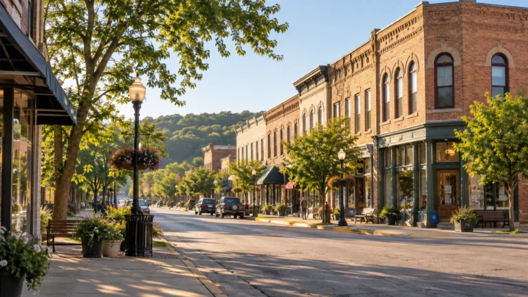 Quiet historic brick storefronts line Viroqua's leafy Main Street in morning light.
