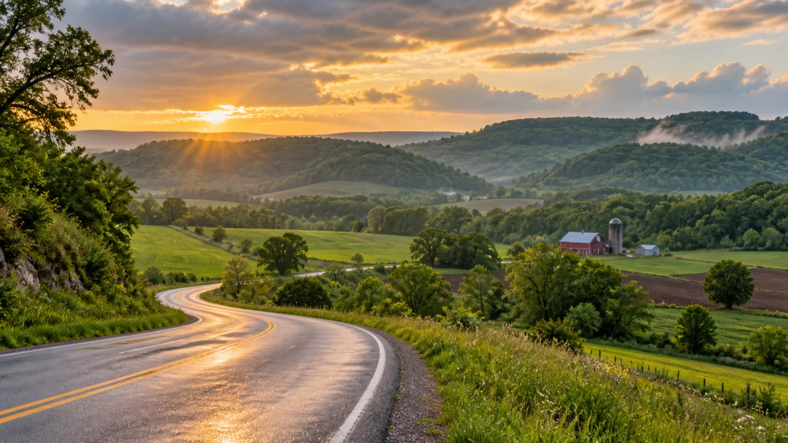 A winding rural road crosses patchwork farms and green Driftless ridges near Viroqua.