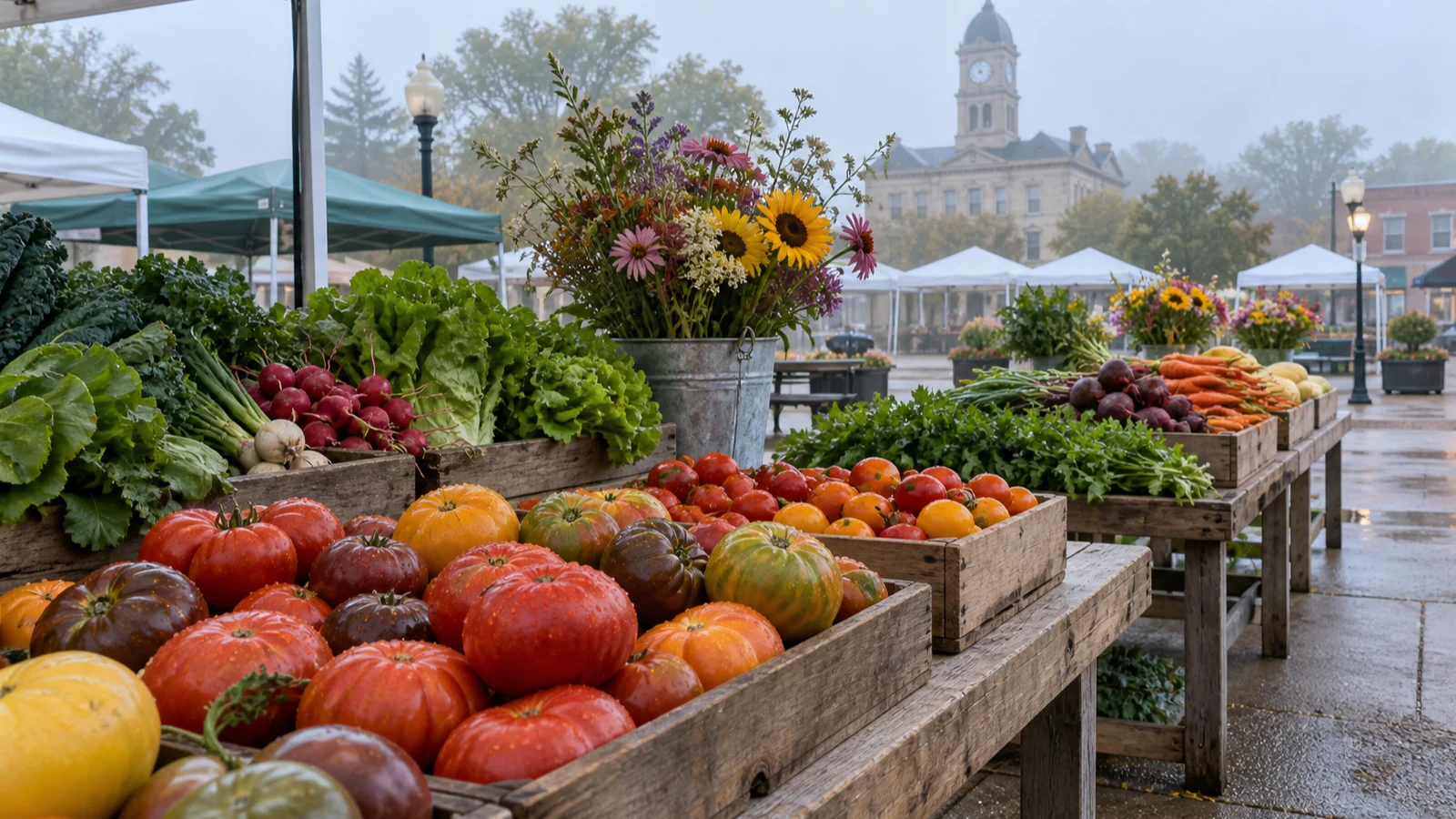 Colorful vegetables and flowers fill empty farmers-market tables in Viroqua.