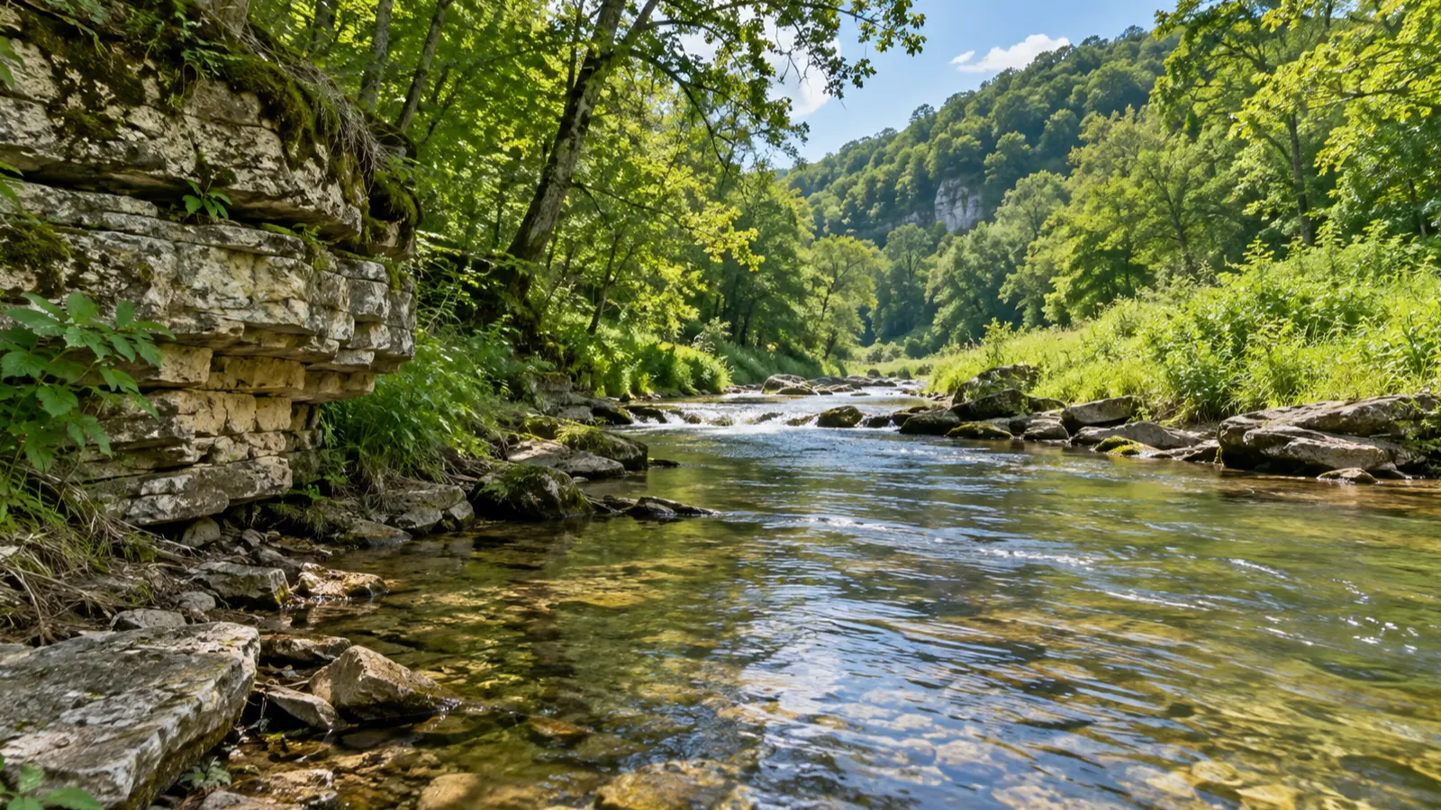 A clear trout stream winds below a wooded limestone bank near Viroqua.