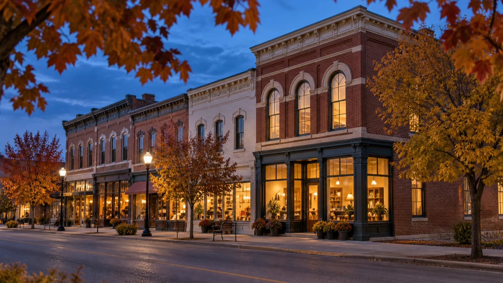 Autumn branches frame restored historic architecture in central Viroqua at blue hour.