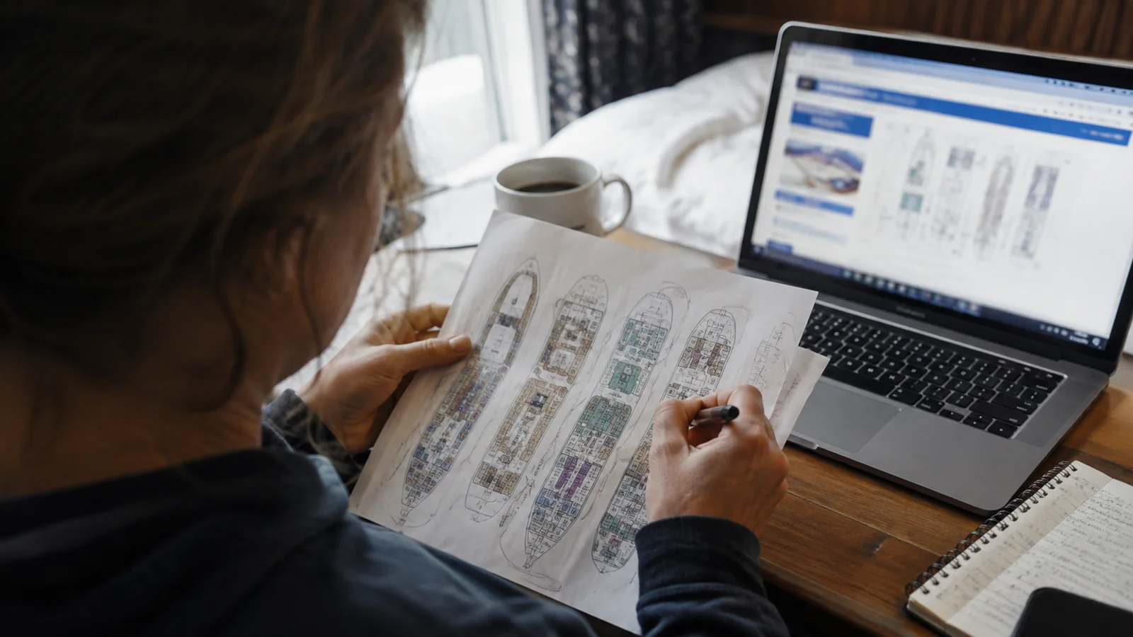 Woman marking a printed cruise ship deck plan beside a laptop