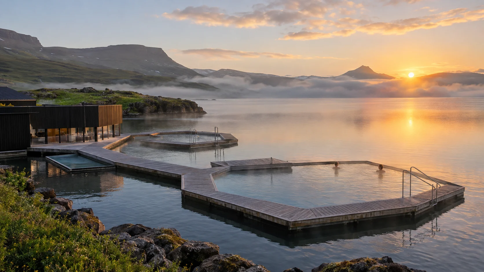 Geometric Vök Baths floating in Lake Urriðavatn at a calm sunrise