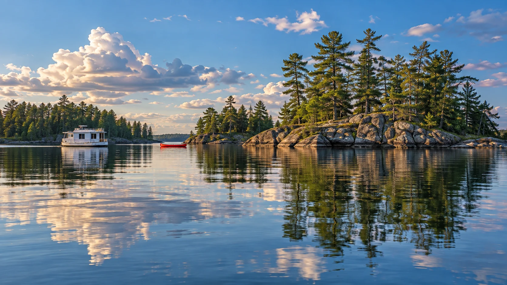 Houseboat and red canoe among granite islands in Voyageurs National Park