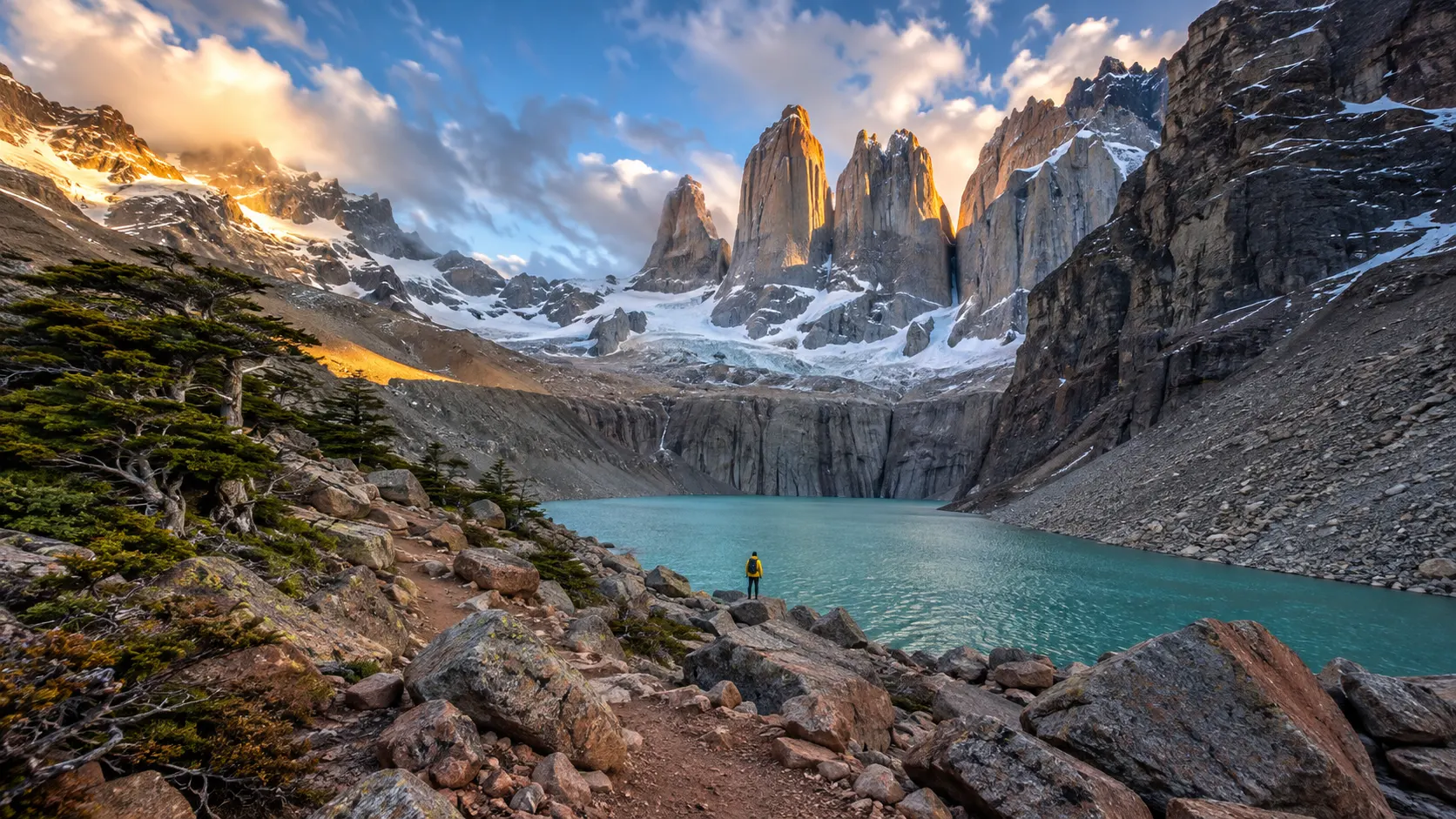 A hiker beside the turquoise lagoon below the towers on Patagonia's W Trek.