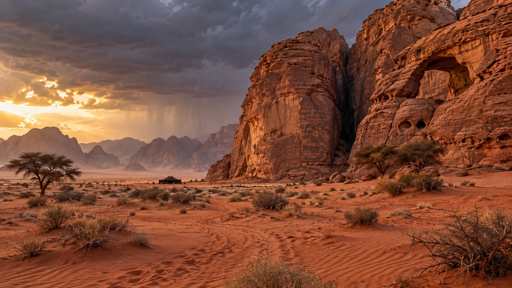 Red sandstone cliffs, desert shrubs, and a distant Bedouin tent in Wadi Rum after a storm.
