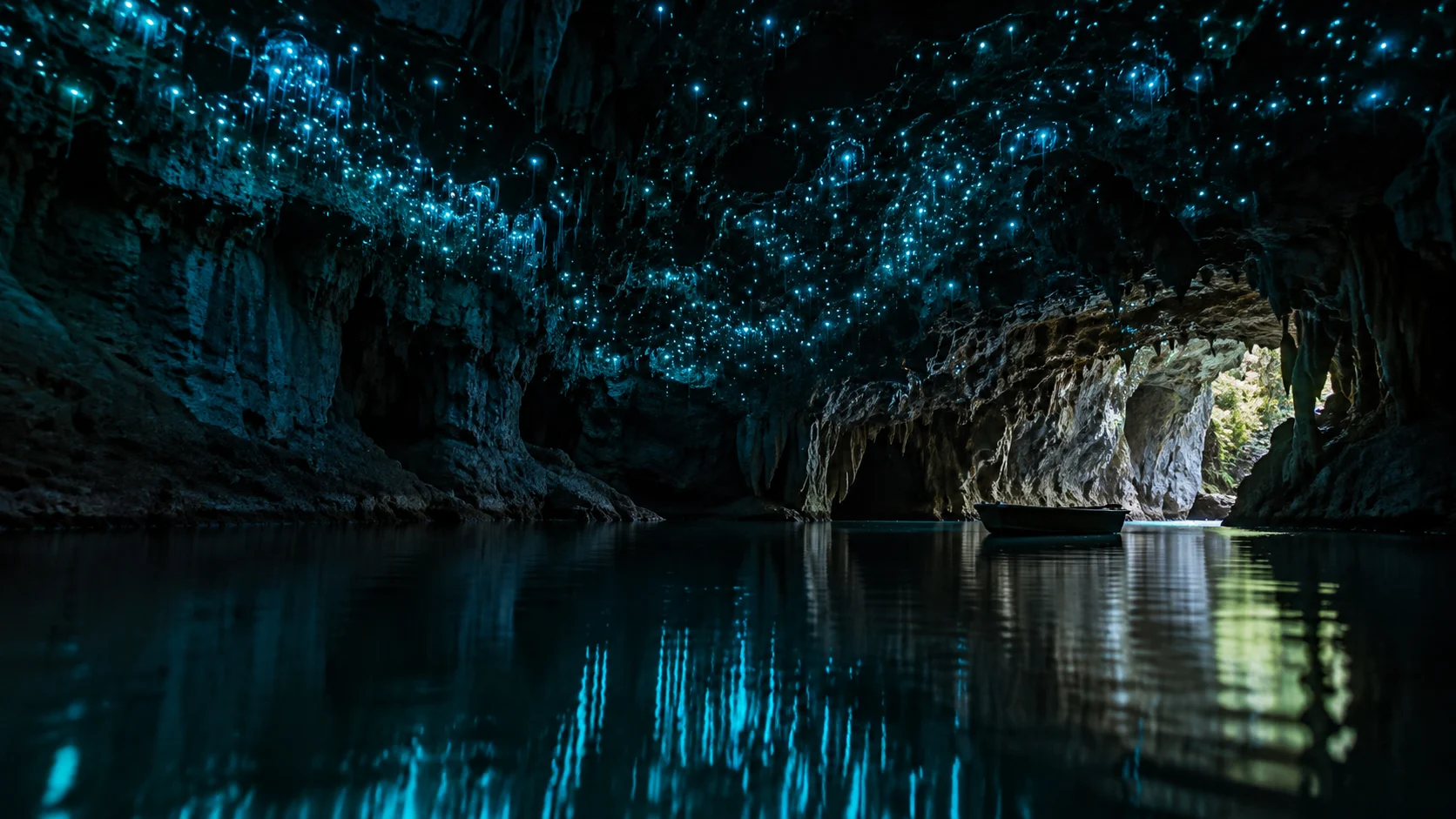 Blue-green glowworms reflected in the underground river of a Waitomo cave