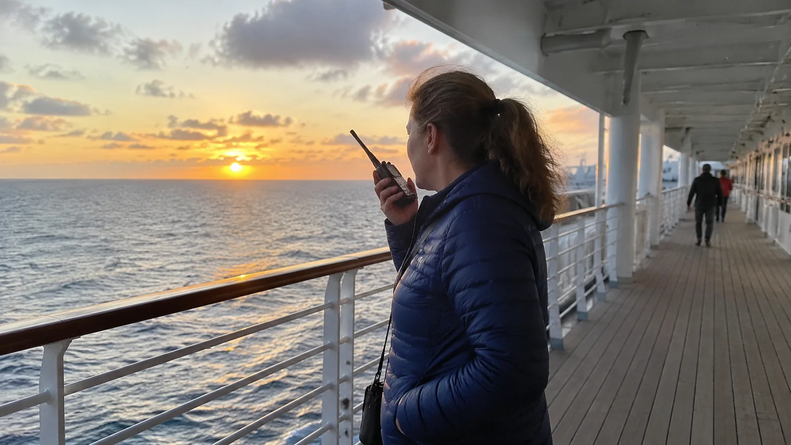 Woman using a walkie-talkie on a cruise ship promenade at sunset