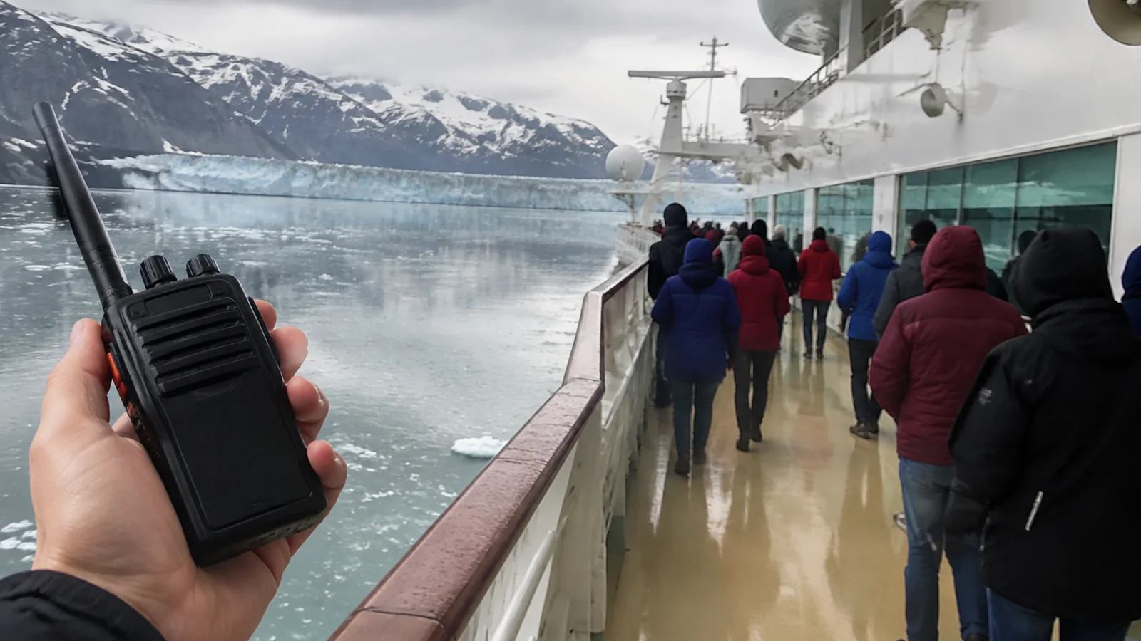 Hand holding a walkie-talkie on a wet cruise ship deck near bundled passengers