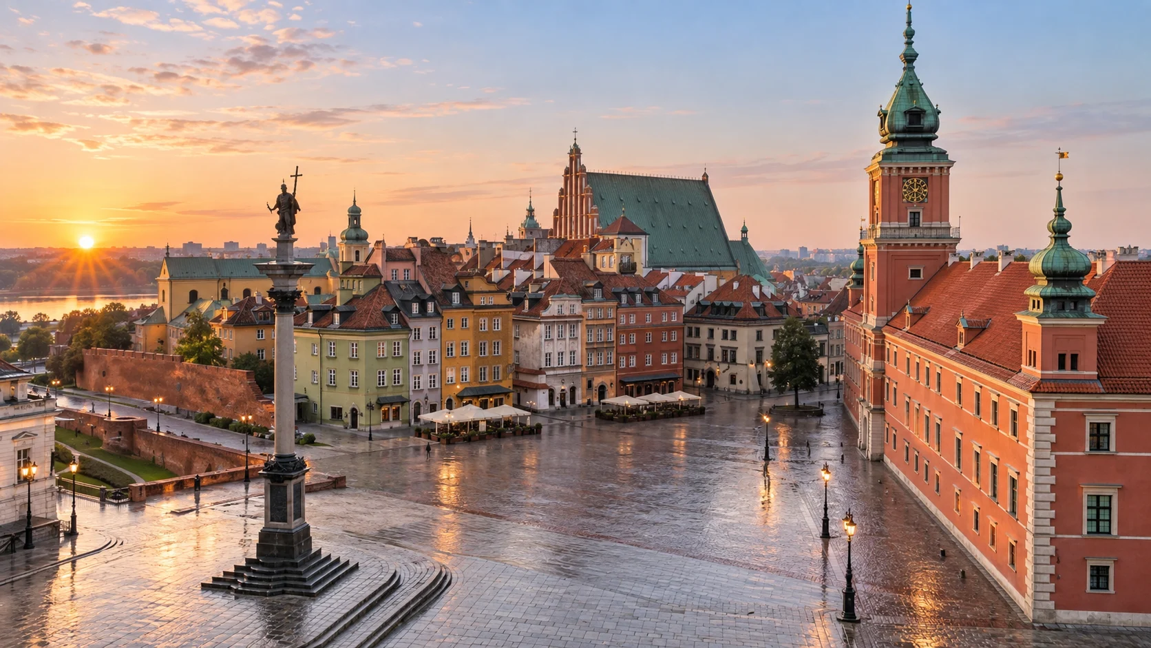 Warsaw's Royal Castle, Castle Square and colorful Old Town facades at dawn