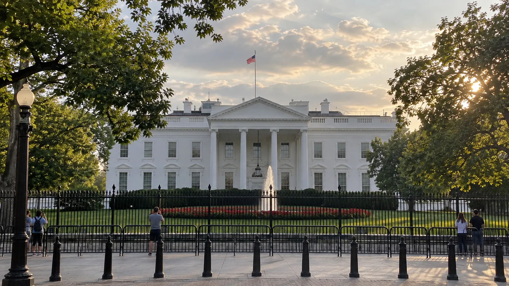 North facade of the White House viewed from Lafayette Square in late-afternoon light.
