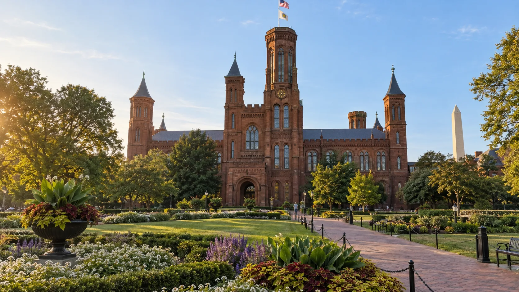 Smithsonian Castle and garden on the National Mall in warm morning light.