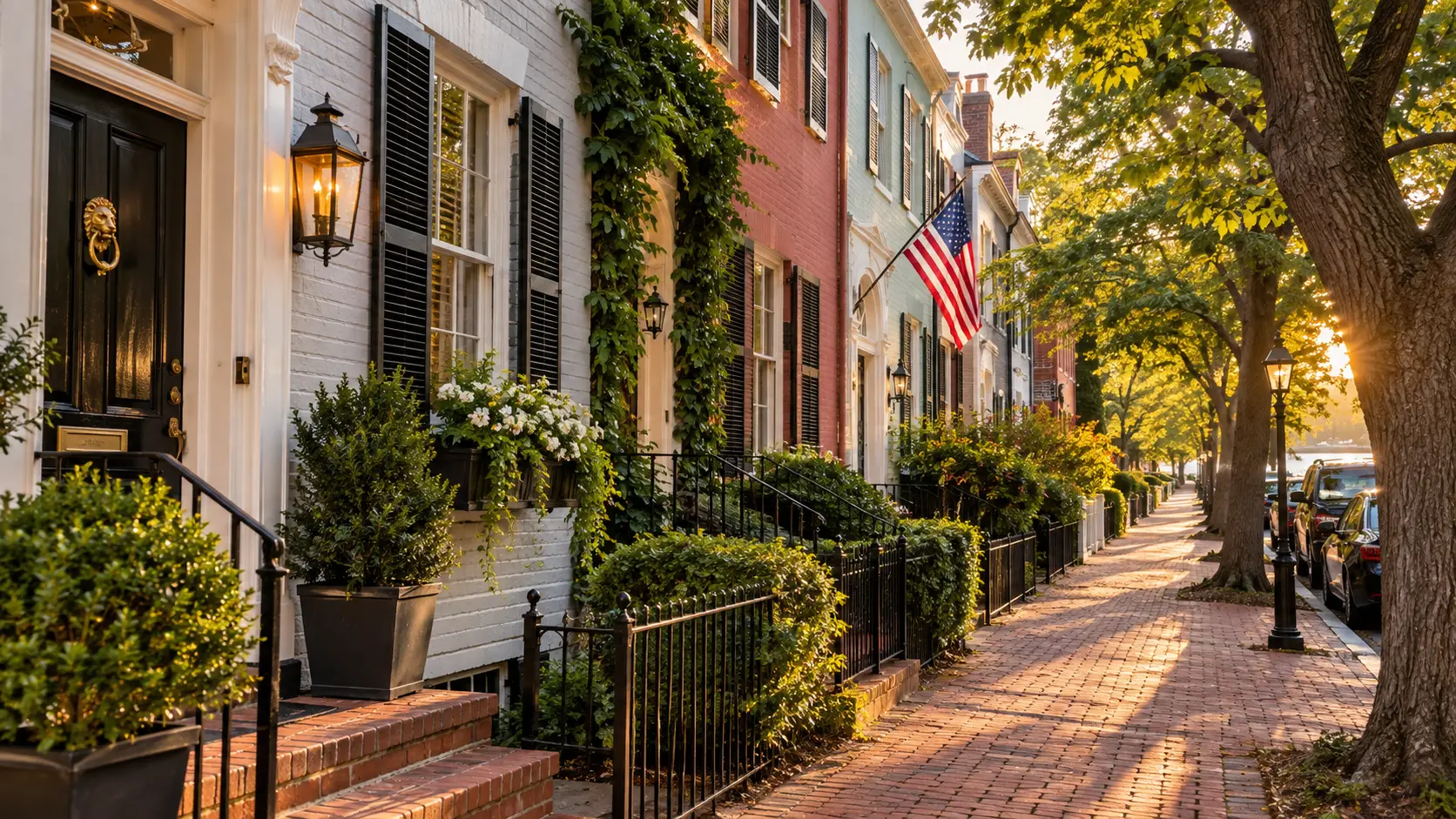 Colorful historic rowhouses along a leafy brick sidewalk in Georgetown.