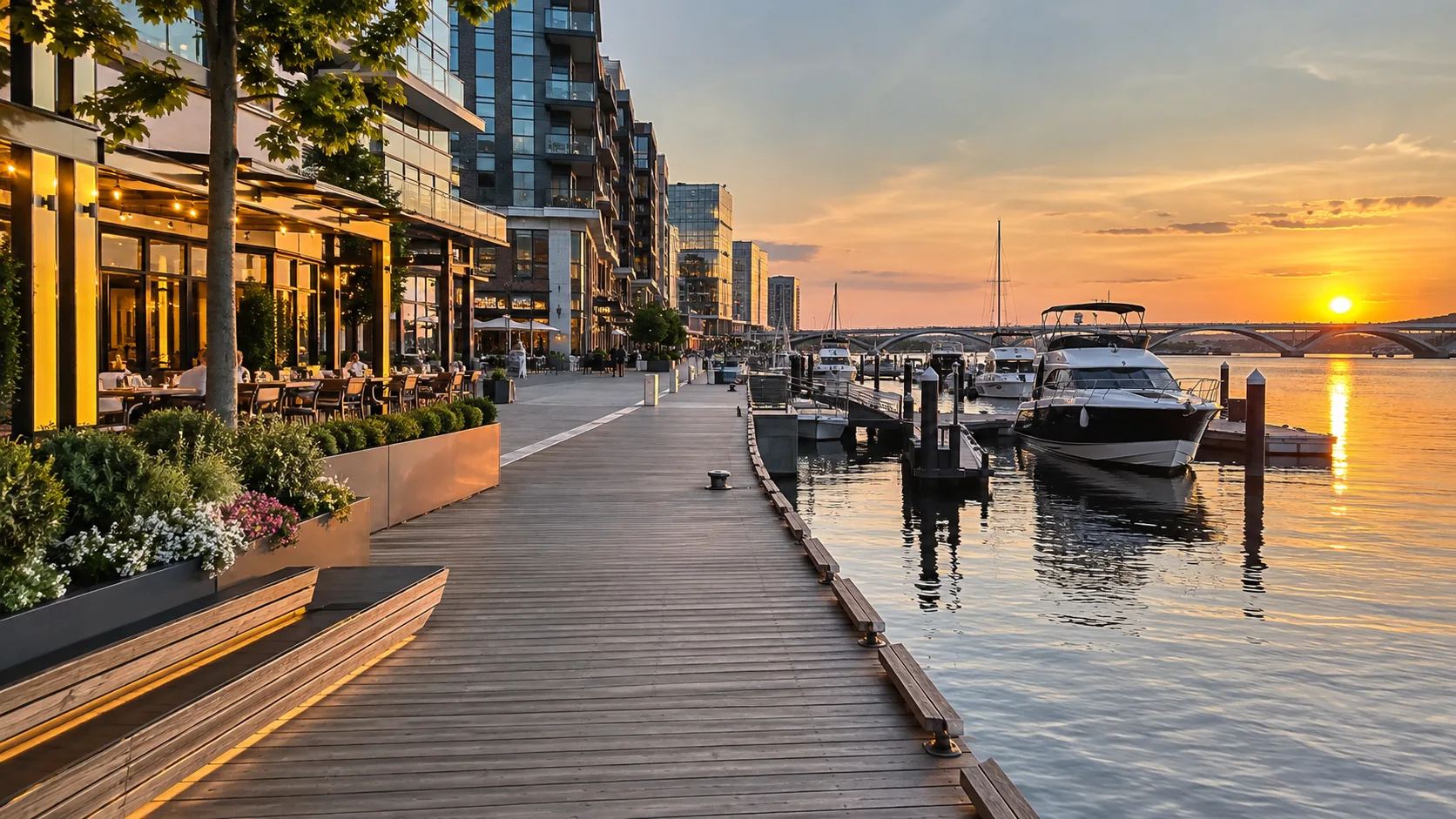 Marina, waterfront promenade, and restaurants at The Wharf during sunset.