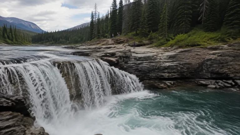 Broad waterfall flowing into a turquoise river