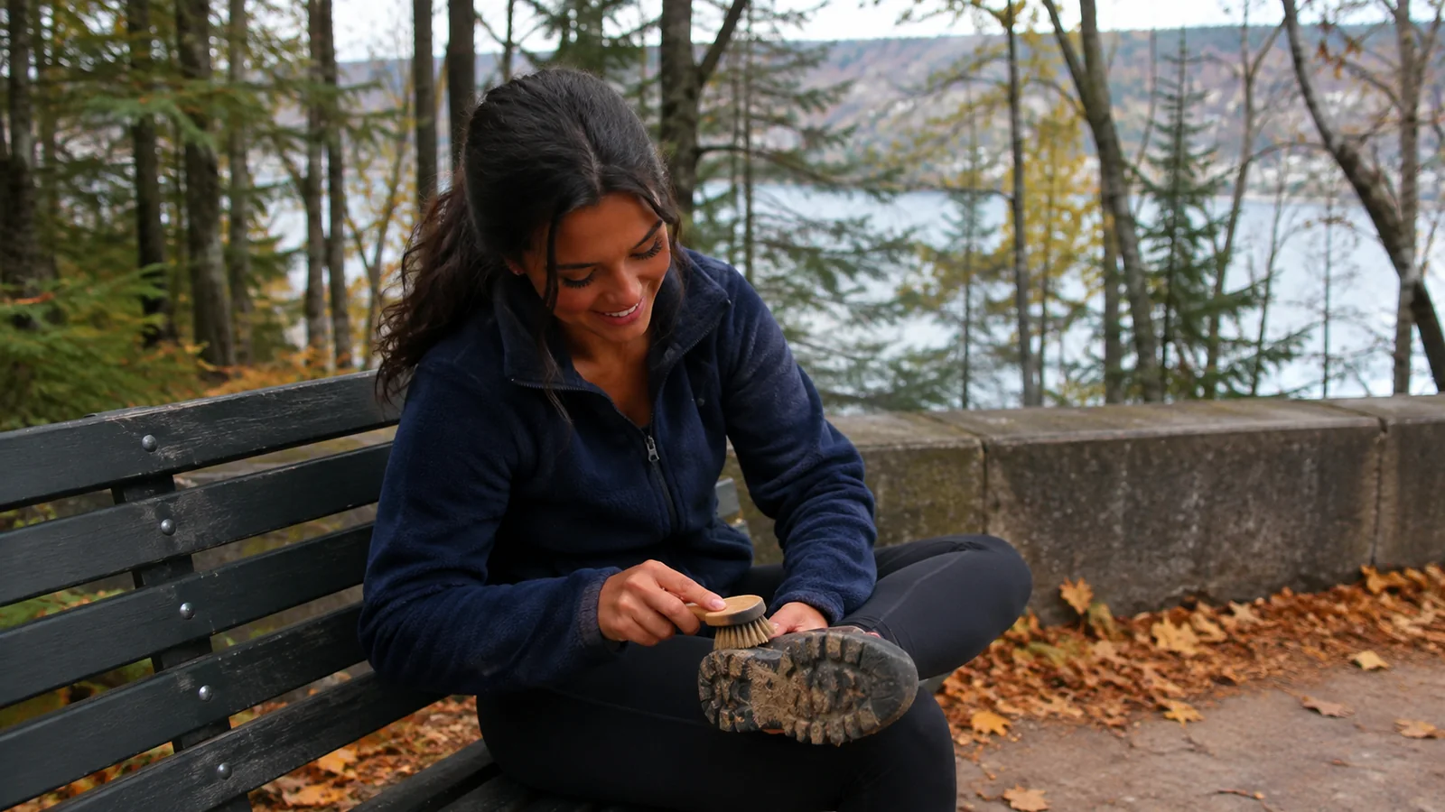 Woman checking a hiking boot while seated on a wooded lakeside bench.