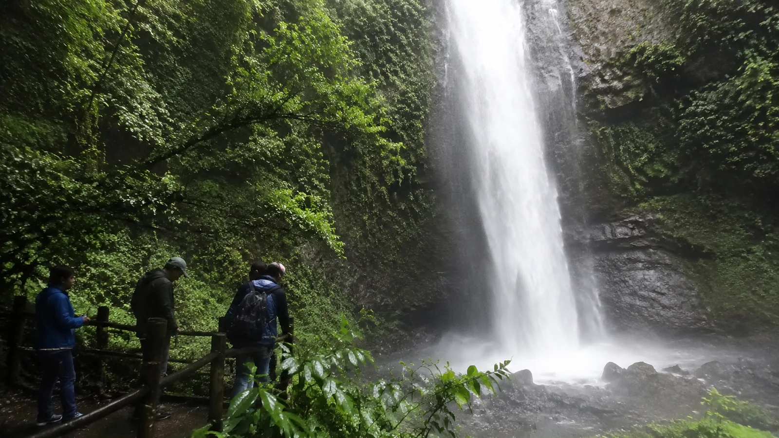 Hikers standing near a tall waterfall in dense tropical forest