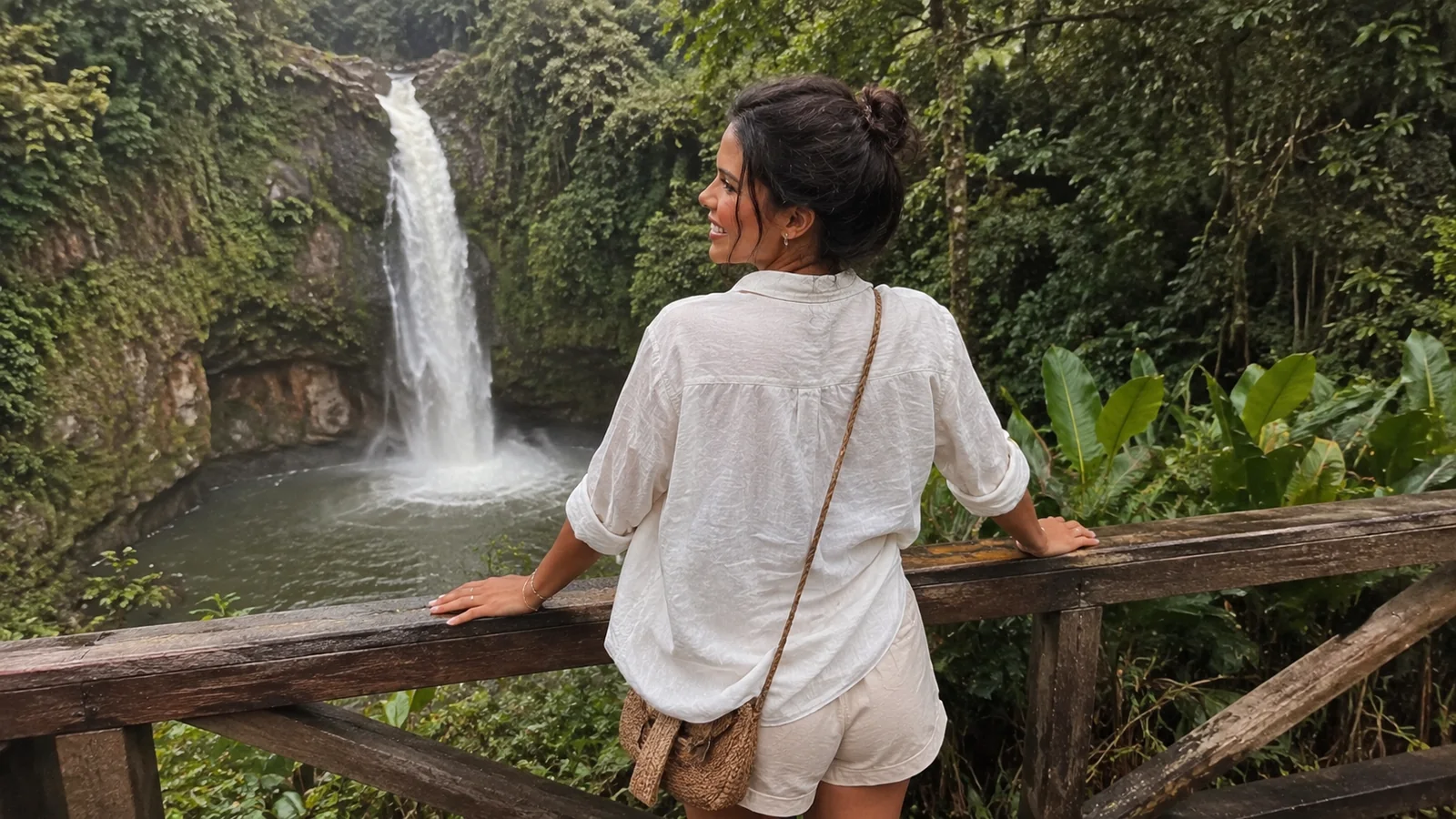 Woman standing at a wooden railing overlooking a tropical waterfall