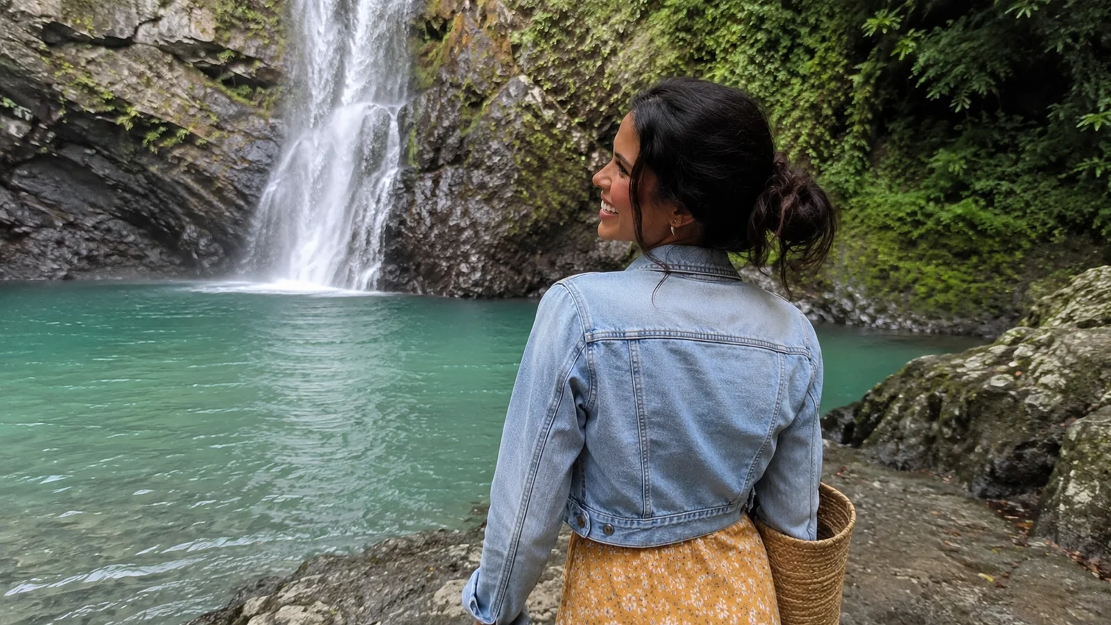 Woman standing near a turquoise waterfall pool