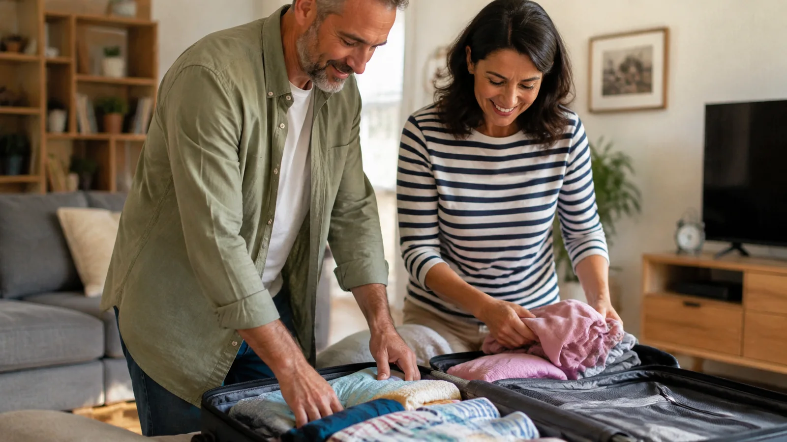 Couple folds clothing into an open suitcase at home.