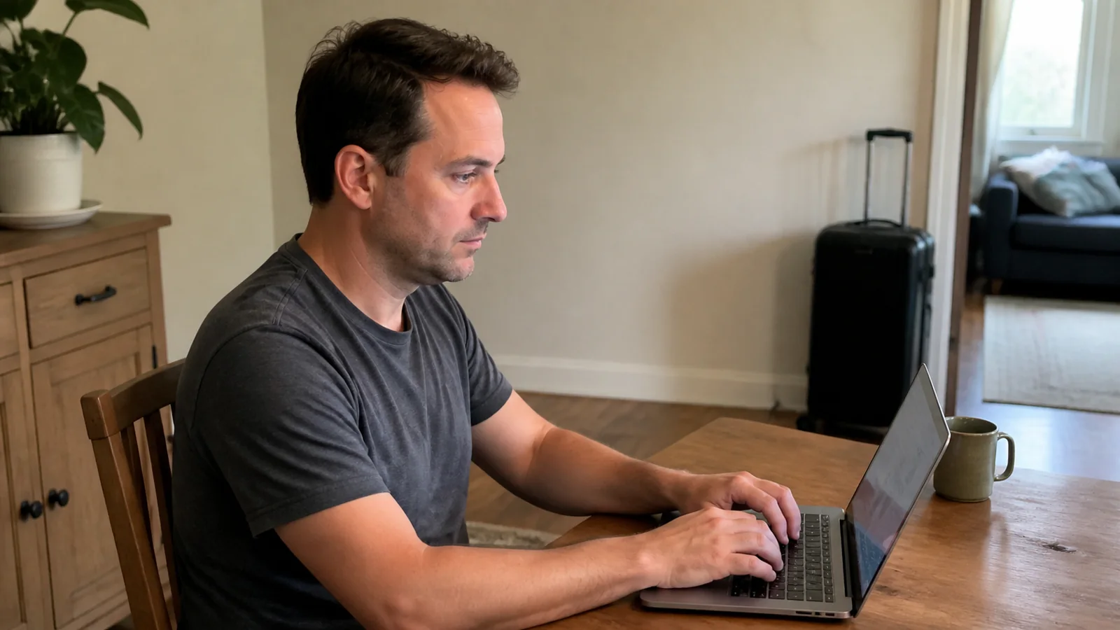Man working on a laptop at a wooden table indoors.