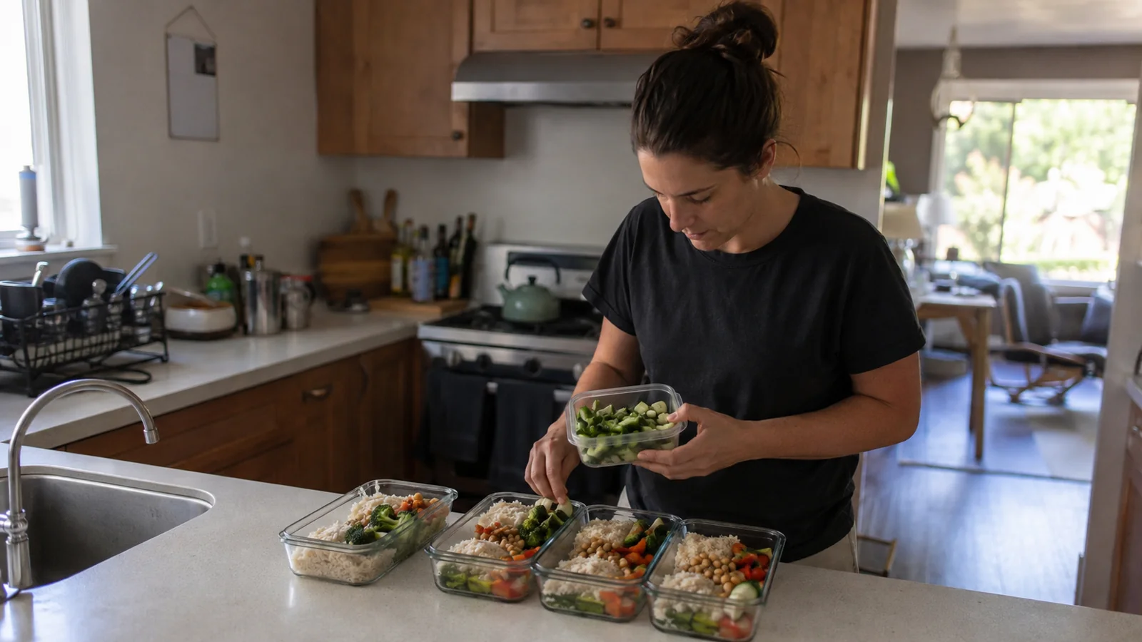 Woman dividing prepared food among containers on a kitchen counter.