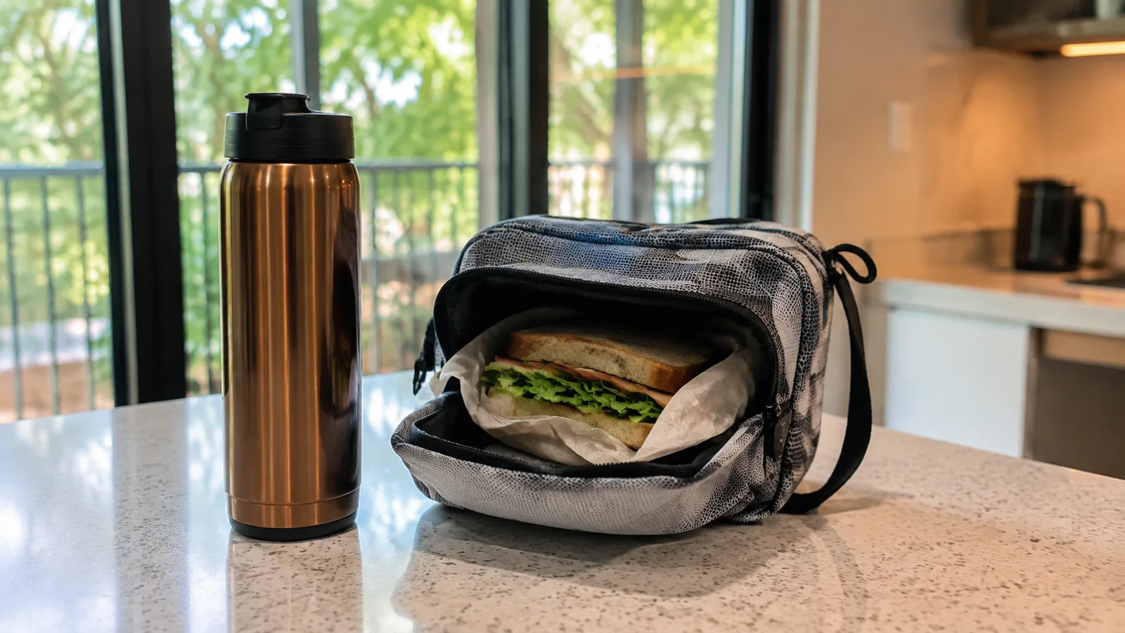 Insulated bottle beside an open lunch bag containing a packed sandwich.